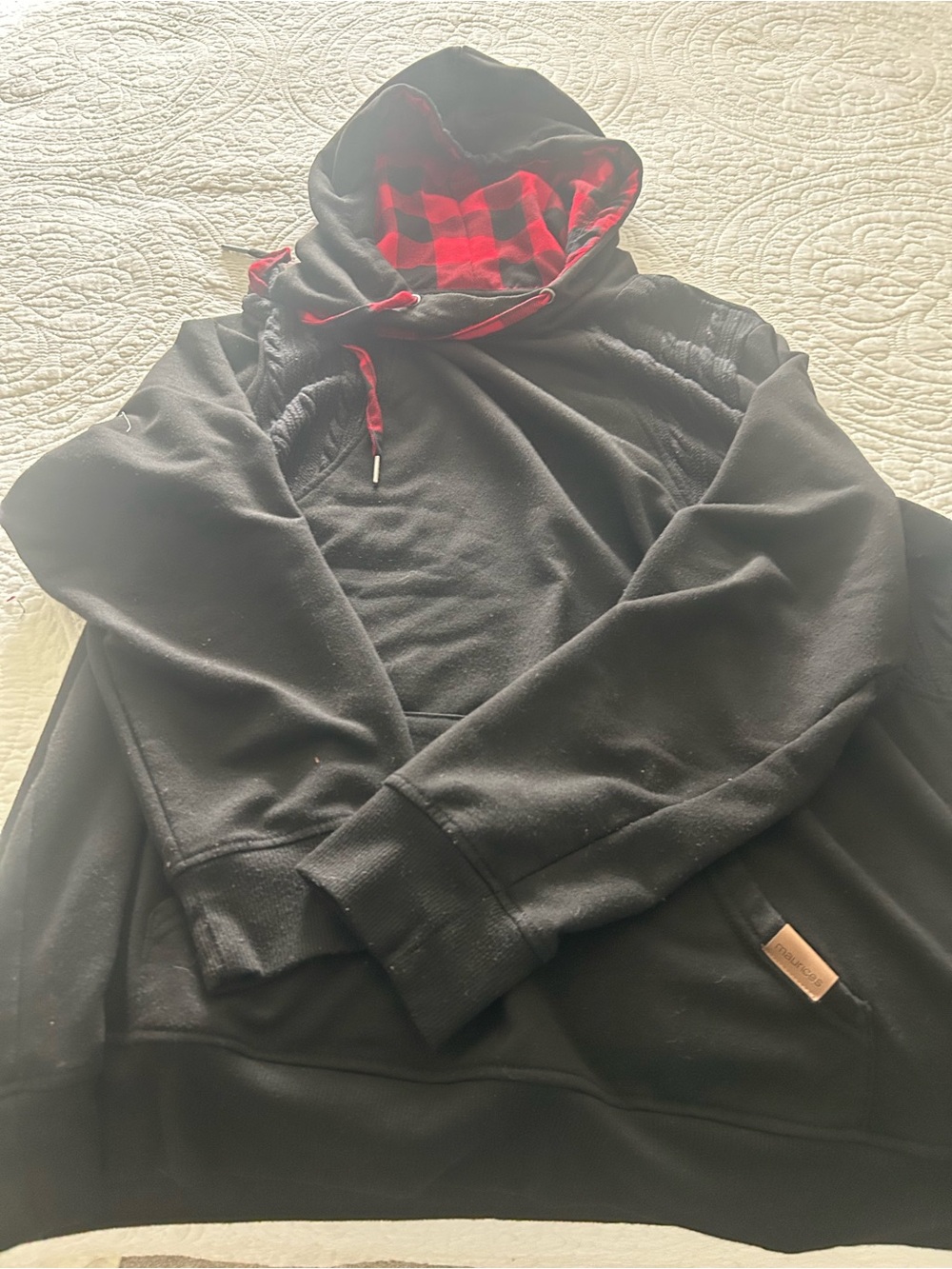 Maurices Black Crewneck Sweater with Red Plaid Hood Lining 0X